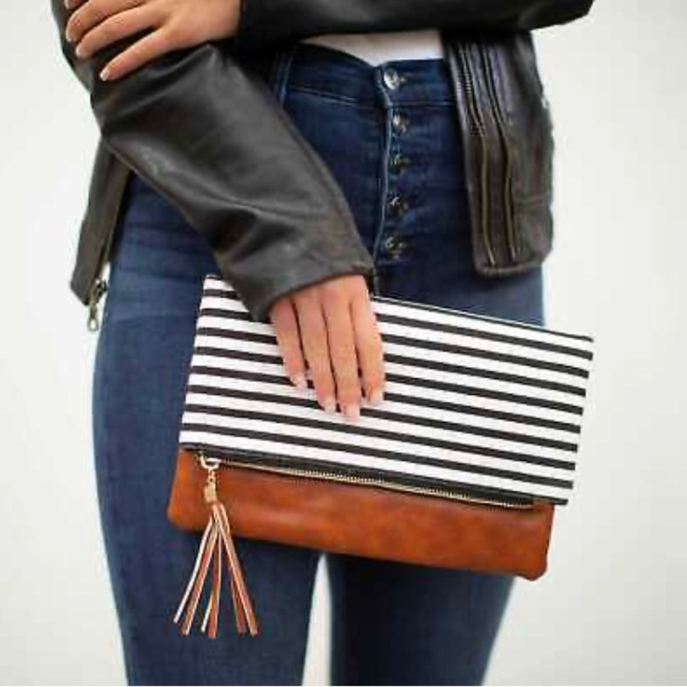 FUNKY MONKEY Classic Black & White Stripe Tassel Fold Over Clutch Handbag Purse